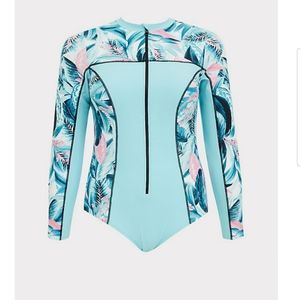 AQUA BLUE TROPICAL ONE-PIECE RASH GUARD SWIMSUIT